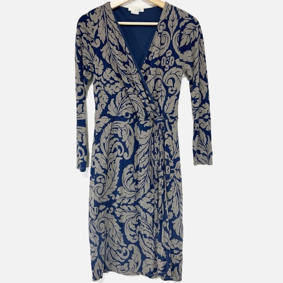 Boden Faux Wrap Midi Dress Navy and Gray Design Stretch Jersey Knit Size 6L - Picture 1 of 9